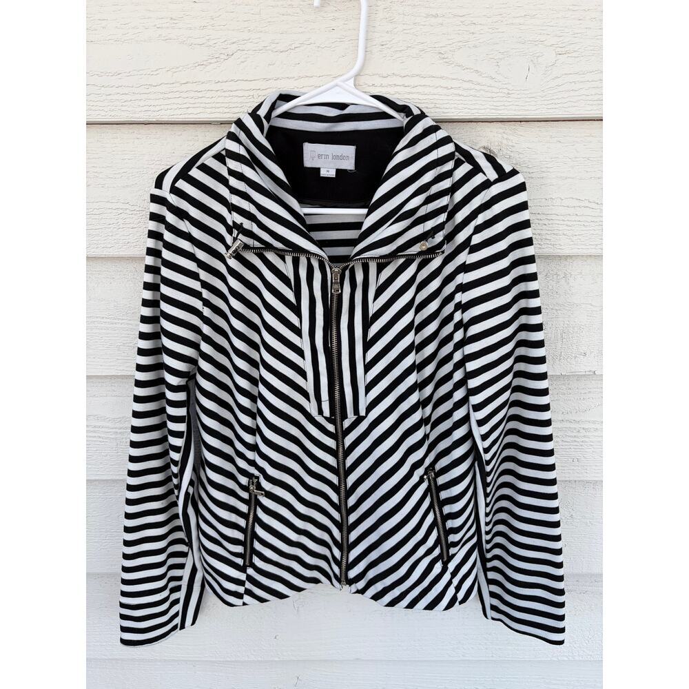 Erin London Black White Striped Moto Zip Jacket Medium